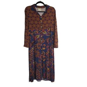 Anthropologie Fig and Flower Blue Paisley Button up Midi Shirtdress Size Medium